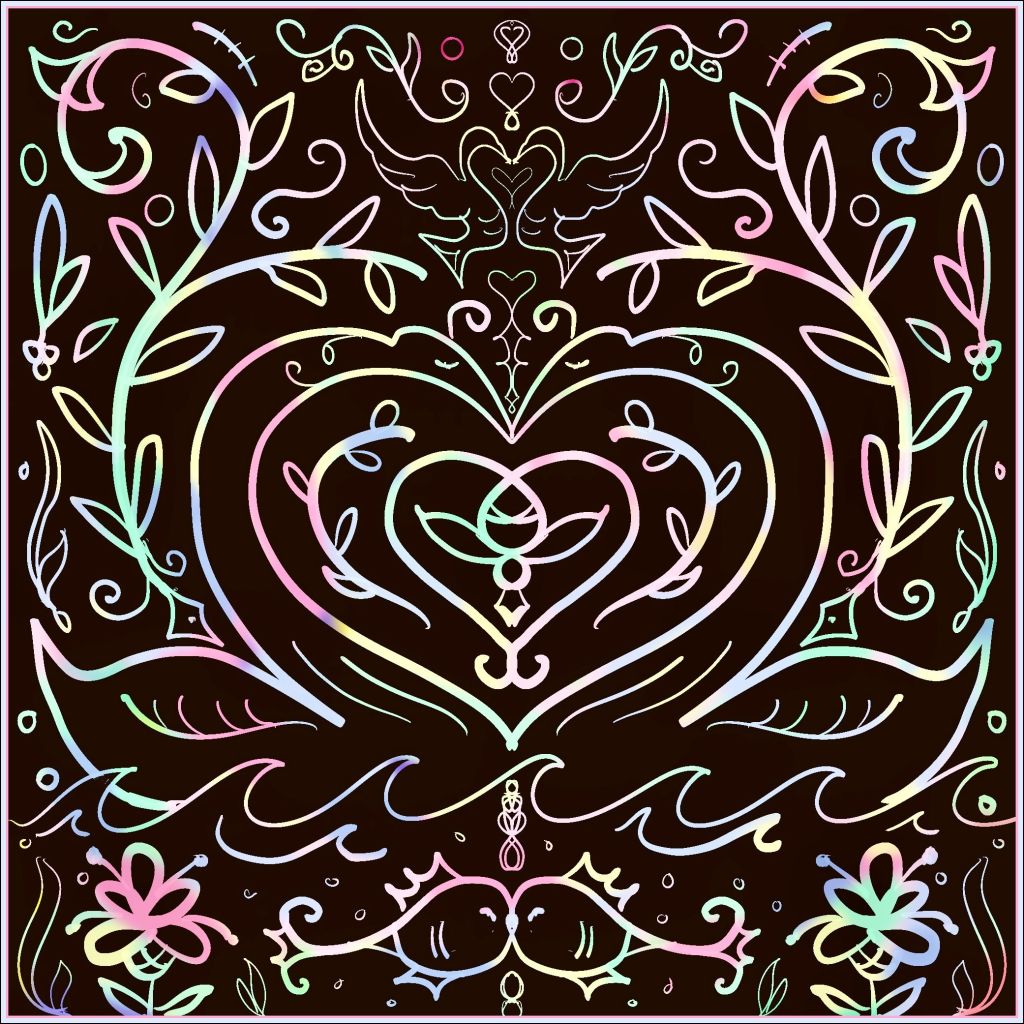 digital artwork showing a symmetrical line work image of doves, swans and fish kissing